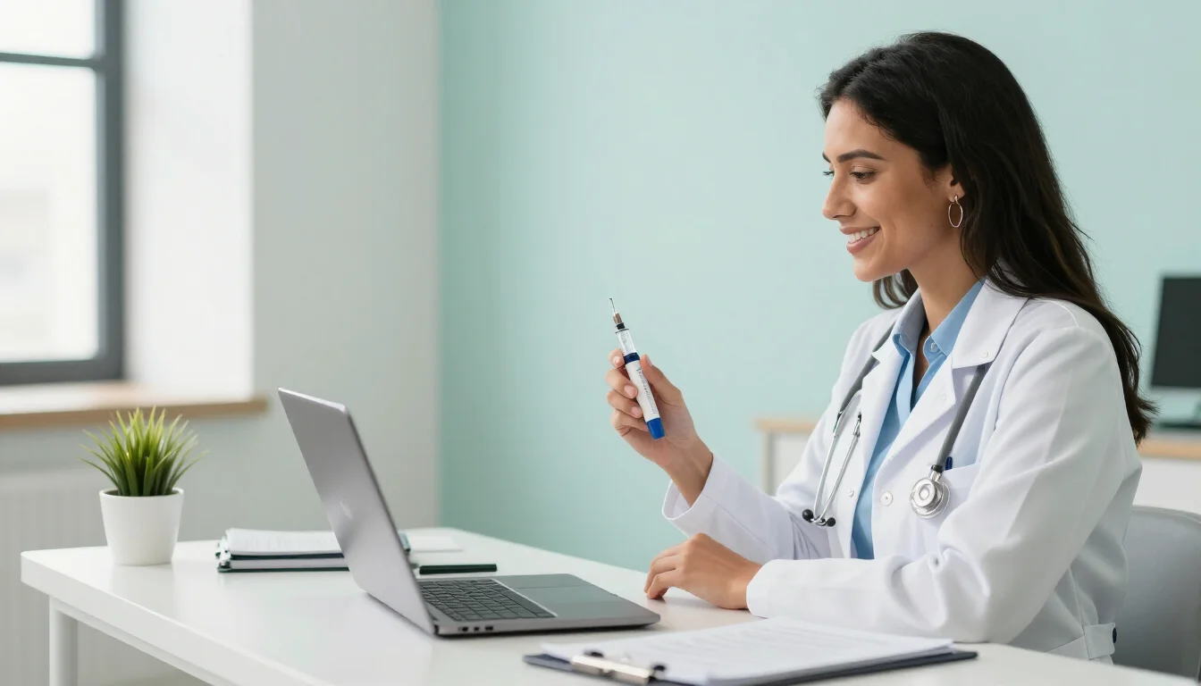Médico em consulta online para caneta de emagrecimento avaliando paciente por videochamada